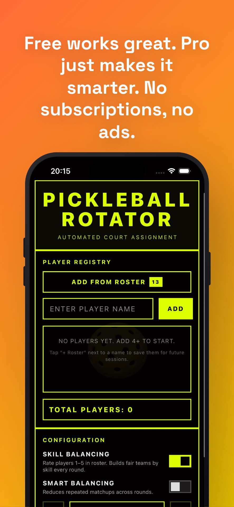 Pickleball Rotator player registry with neon yellow outlined cards on iPhone