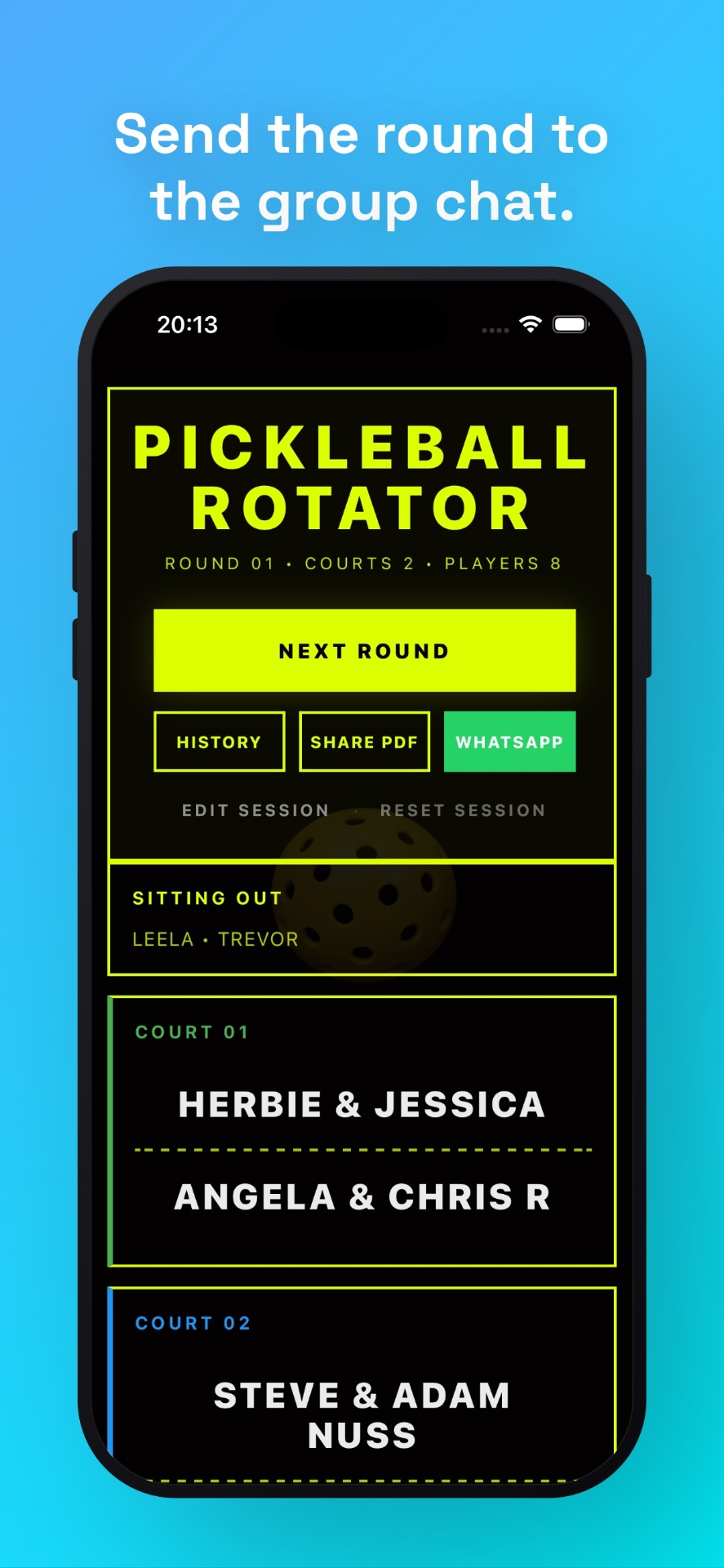 Pickleball Rotator share screen with WhatsApp and PDF export buttons