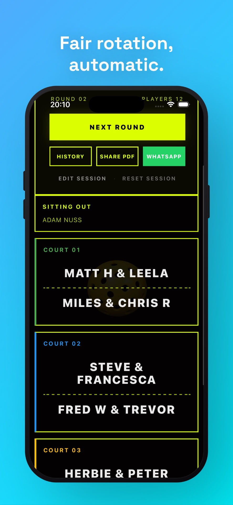 Pickleball Rotator round 2 showing court 1, court 2, and sit-out list